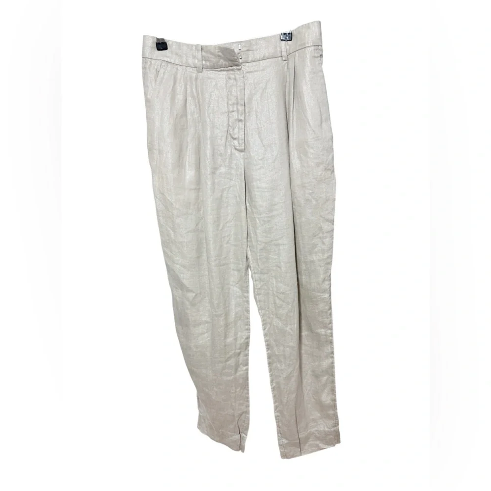 COS Metallic Linen Blend Pleated Trousers – Shimmering Silver Beige Size US 4